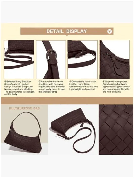 Woven Faux Leather Handbag, Adjustable Crossbody Shoulder Tote Purse - Picture 4 of 7